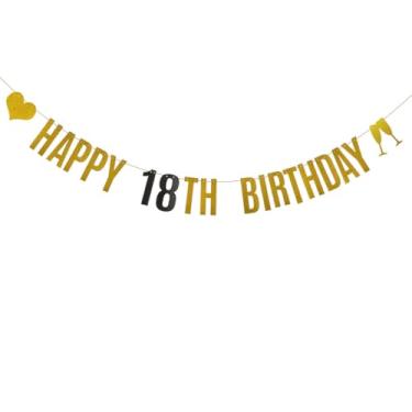 Imagem de Faixa HAPPY 18TH BIRTHDAYY, pré-amarrada, dourada e preta com glitter para decoração de festa de aniversário de 18 anos, letras pretas e douradas, ABCpartyland