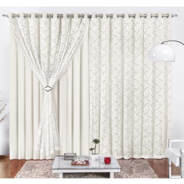Imagem de Cortina Yasmin 2 Metros Palha Tecido Malha Com Renda Floral Sala ou Quarto