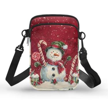 Imagem de Ozuxouey Bolsa tiracolo pequena feminina de Natal para celular, bolsa tiracolo de lona, bolsa transversal, Boneco de neve de Natal, vermelho