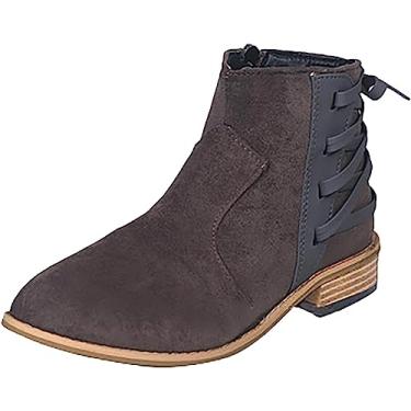 Imagem de Botas de cano curto femininas bico redondo salto baixo moda zíper lateral grosso empilhado botas curtas com estampa de leopardo, Café, 34 BR