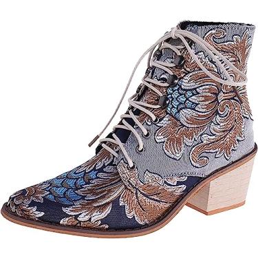 Imagem de Bota feminina de cano baixo, bico fino, cadarço, salto bloco, vintage, bordado, botas ocidentais, botas de salto médio, Azul-celeste, 41 BR