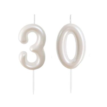 Imagem de Velas com número de 6 cm, presentes de aniversário para mulheres, homens, decorações de aniversário, números, velas de feliz aniversário para bolo, 2 velas para mulheres e homens (branco, 30)