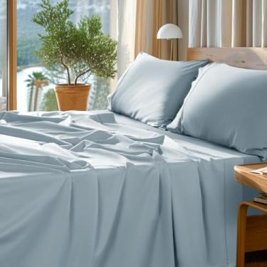 Imagem de SONORO KATE Jogo de lençóis 100% algodão egípcio - 1000 fios de alta qualidade, lençóis de cetim de hotel 5 estrelas de luxo, lençóis macios e respiráveis, cabem até 40,6 cm - 4 peças (azul claro