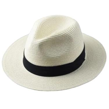 Imagem de Chapéu de palha masculino dobrável cabeça grande chapéu panamá verão chapéu de cowboy areia praia sol Fedora chapéus branco 55 cm-57 cm