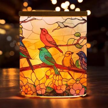 Imagem de Suporte de vela de luz de chá de pássaro de vidro manchado com tampa de bambu, suporte de vela de LED de flor, suporte de vela Tealight para decoração de mesa, casamento, festa, decoração de casa