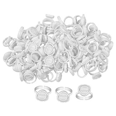 Imagem de 100 anéis de extensão de cílios descartáveis e copos de cola para cílios | Suporte de dedo inteligente | Kit de ferramentas de maquiagem profissional | Plástico | Suprimentos de maquiagem para salão