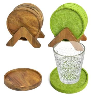 Imagem de EVERBBKING Conjunto de 8 porta-copos de madeira de acácia com suportes, 4 de madeira de acácia e 4 almofadas de feltro absorventes, mesa de centro de 10 cm, casa, escritório, bar, oferece proteção de