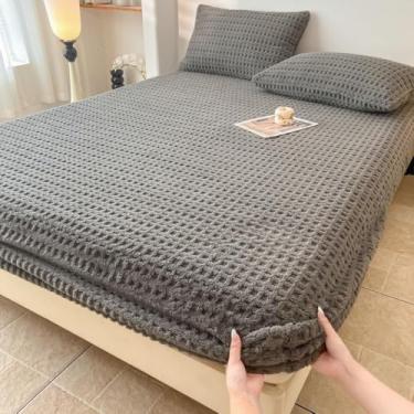 Imagem de Jogo de lençol com elástico waffle de veludo fofo e espesso, adequado para a pele e roupa de cama quente de inverno, solteiro/casal/Queen/King, cinza.||150 x 200 cm