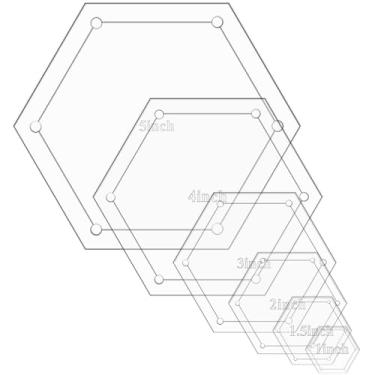 Imagem de Conjunto de 6 modelos hexagonais para quilting (2,5 cm, 2,5 pol, 7,5 cm, 10,12 cm, 12 cm) com margem de costura de 0,6 cm, réguas e modelos de acrílico premium para costura, patchwork e artesanato