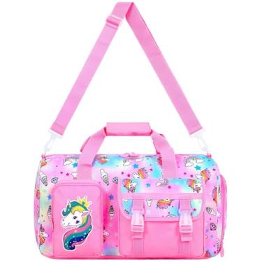 Imagem de Bolsa de viagem infantil para meninas com compartimento para sapatos, uma bolsa de festa do pijama noturna para academia esportiva para crianças pequenas - unicórnio rosa