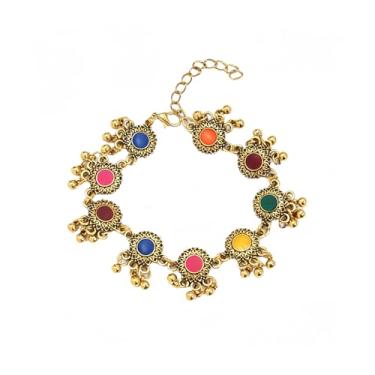 Imagem de OIDIMS Pulseira indiana vintage com franjas de flores para mulheres, boêmio, colorido, esmaltado, boêmio, dourado, corrente ajustável, acessórios de mão, joias de bollywood, festa de casamento