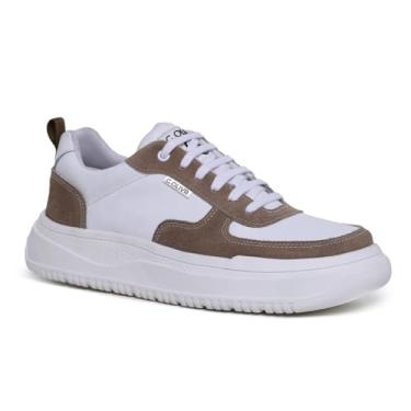 Imagem de Tênis Masculino em Couro Legítimo com Camurça Casual Confortável Solado Antiderrapante Estilo Streetwear (Branco + Marrom, BR, Adulto, Numérico, 37)