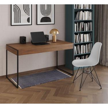 Imagem de Escrivaninha Industrial Escritório Malta Amêndoa 137X53Cm Com 1 Cadeira Branca Base Fer Cor: Amendoa