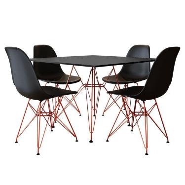 Imagem de Mesa De Jantar Quadrada Preta 90Cm Com 4 Cadeiras Eames Eiffel Preta Base De Ferro Cobre