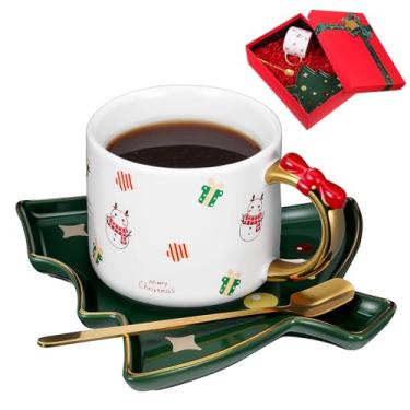 Imagem de jojofuny 1 conjunto de caneca de café de cerâmica fofa criativa elementos de Natal design para escritório e casa café de cerâmica com pires em forma de árvore de Natal