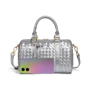 Imagem de Bolsa de mão de couro trançado, bolsa tiracolo elegante com alça de ombro ajustável, Prata