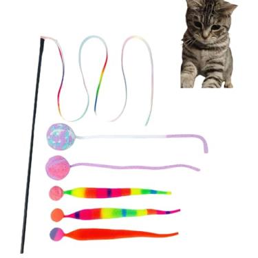 Imagem de 6 peças de brinquedos de varinha provocadora de gato, brinquedos interativos para gatinhos internos, 1 brinquedo de corda arco-íris, 3 bolas saltitantes de insetos arco-íris e 2 bolas de lã com um