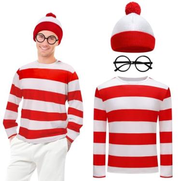 Imagem de Snwquik 3 peças acessórios de fantasia de Halloween adulto, camiseta listrada vermelha e branca / chapéu/óculos para homens conjunto de festa cosplay (P)