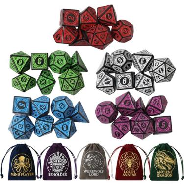 Imagem de Grajar Vintage Boss Totem 35 Piece Polyhedral Dice Set with 5 Color Matched Velvet Boss Pouches Dungeons & Dragons, RPG & Tabletop Games