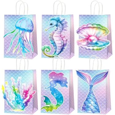 Imagem de 24 peças sacos de lembrancinha de festa de sereia oceano tema sereia sacos de presente de papel com alça oceano goodie doces saco sob o mar suprimentos de festa de aniversário para meninas