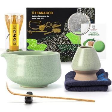 Imagem de TEANAGOO Conjunto de batedor Matcha verde, conjunto matcha de 7 peças, kit inicial Matcha para cerimônia, conjunto de chá matcha para fazer café da manhã/latte, tigela verde Matcha (Chawan) com bico e