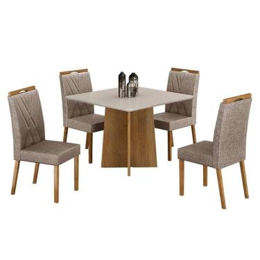 Imagem de Mesa de Jantar Jade 90cm Cinamomo Off White com 4 Cadeiras Lara Linho Bege - Valdemóveis