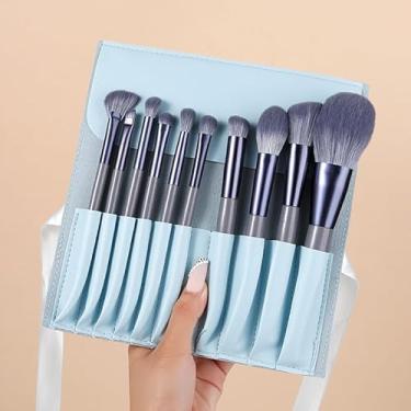 Imagem de Conjunto de pincéis de maquiagem com 10 pincéis de sombra de cabelo macio para corretivo de blush em pó solto (bolsa roxa e azul)
