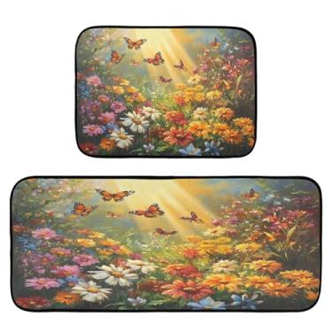 Imagem de STAYTOP Tapetes de cozinha de flores silvestres e borboletas, 2 peças, tapete de entrada frontal, antiderrapante, alivia a fadiga, lavável, tapete para cozinha, quarto, varanda