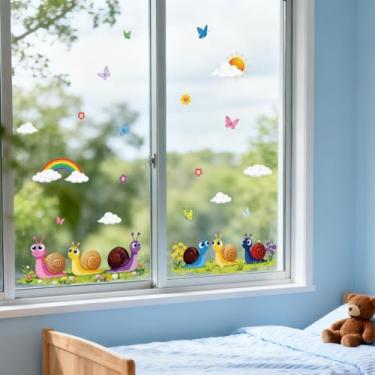 Imagem de ANATTASOUL Adesivos de janela estática caracol e arco-íris, 1 folha, reutilizável, decalque de janela para vidro, 120 cm x 30 cm, adesivo de janela dupla face removível para quarto, escritório