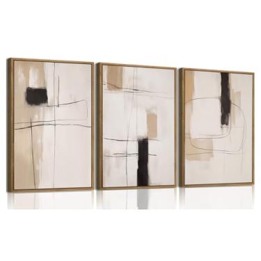 Imagem de KISSFOX Arte de parede emoldurada de 3 peças decoração de parede abstrata preto bege branco imagens modernas minimalistas pinturas naturais grandes obras de arte para sala de estar, quarto, escritório