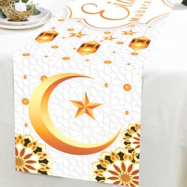 Imagem de Caminho de mesa Eid Mubarak, decorações Ramadan Kareem em ouro branco com padrão de lua de dupla face, corredores de mesa de jantar de cozinha para decoração de feliz feriado islâmico e suprimentos de