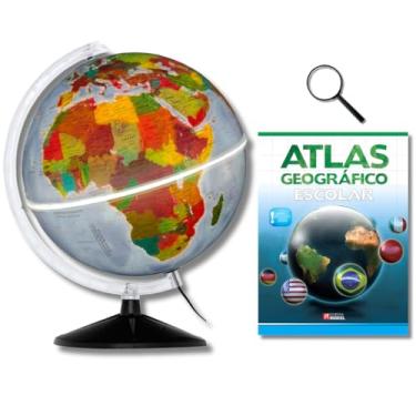 Imagem de GLOBO TERRESTRE FÍSICO POLÍTICO LUMINOSO BASE PRETA 30CM + ATLAS GEOGRÁFICO + LUPA