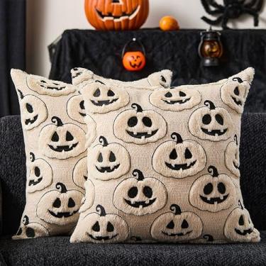 Imagem de DFXSZ Capas de almofada de Halloween 50,8 x 50,8 cm, conjunto de 2 fronhas pretas bege abóboras de Halloween de pelúcia macia de lã sintética para sofá, cadeira, sala de estar, decoração de casa