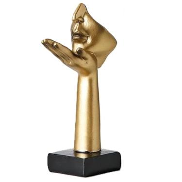 Imagem de Escultura de Máscara Figura Abstrata Simples Resina Beijo no Ar Dourado Vida Artística Espaço Doméstico com Gosto Feita à Mão Forma Realista e Linhas Belas Ambientalmente Amigável Adequada para Sala E