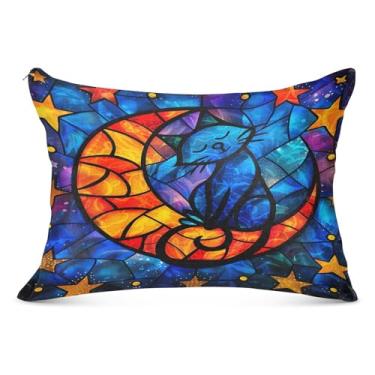 Imagem de Capa de travesseiro azul gato lua estrelas 50 x 66 cm tamanho padrão capa de almofada com zíper amigável para a pele para outono e inverno