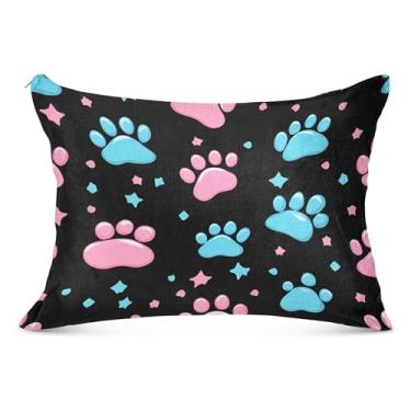 Imagem de Capas de travesseiro decorativas com estampa de pata de cachorro flanela padrão Queen King travesseiro floral macio grande para o corpo, tamanho king, 50,8 cm x 101,6 cm