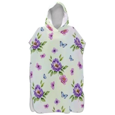 Imagem de Joisal Poncho de surfe leve para mudança de roupão, toalha de banho com capuz fofo aquarela flor roxa borboleta ponchos adultos para mulheres