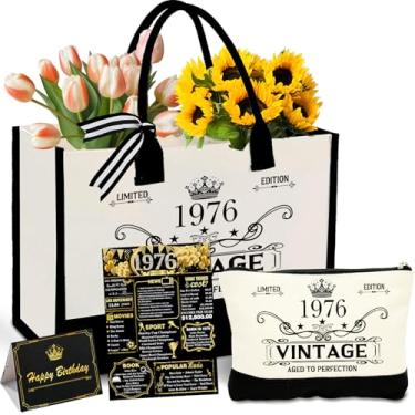 Imagem de GemsLives Presentes de aniversário de 50 anos para mulheres – Conjunto de sacola de lona vintage 1976 para mulheres, bolsa de cosméticos, cartão de volta em 1976, ideias exclusivas de presente de