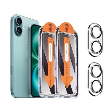 Imagem de Pacote com 2 + 2 protetores de tela de privacidade para iPhone 16 com protetor de lente de câmera cobertura total, película de vidro temperado anti-espião, dureza 9H, fácil instalação, sem bolhas [6,1