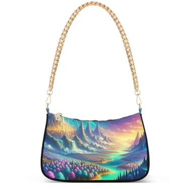 Imagem de Bolsas femininas de inverno com pintura de trem da vila fofas pequenas bolsas femininas bolsas femininas com corrente de ombro bolsas de ombro festa, Paisagem de fantasia