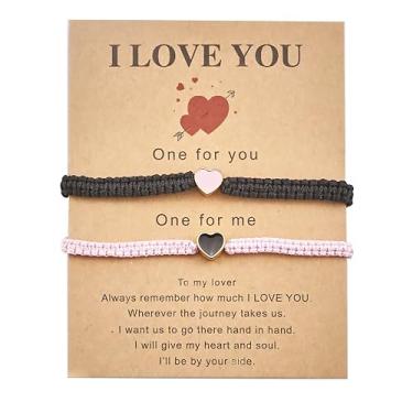 Imagem de LKingel 2 pulseiras de casal combinando, feitas à mão, ajustável, rosa, promessa, amizade, pulseiras para casais, para ela/ele, Large, liga metálica, Sem Pedra Preciosa