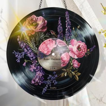 Imagem de Suncatcher acrílico colorido, decoração de janela suspensa de flores com design de vitral impresso, apanhador de sol, arte de parede de criador de arco-íris, ornamentos de Natal para uso interno e