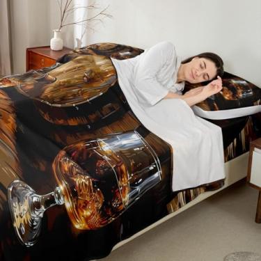 Imagem de Jogo de cama King com uísque infantil, tábua de barril de madeira, rústica, retrô, decoração de quarto de meninos e meninas, copo de vinho e cerveja, hora de bar, marrom e preto, 4 peças (elástico +