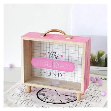 Imagem de Cofrinho cofrinho cofrinho poupança arte de madeira do dinheiro cofrinho quarto decoração de mesa diversos ornamentos caixa de armazenamento decoração de casa (rosa)