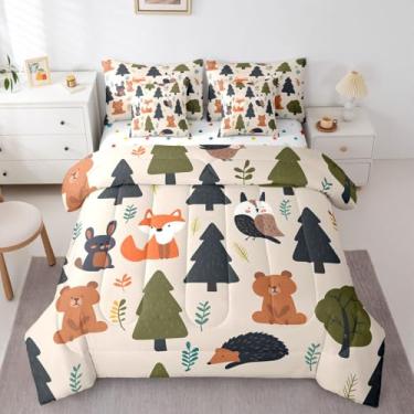 Imagem de Feelyou Jogo de cama solteiro com estampa de animais selvagens, safári e animais selvagens, estampa de raposa de pinheiro fofo em uma bolsa com edredom, lençóis, fronhas, fronhas