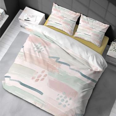 Imagem de Conjunto de edredom abstrato rosa verde tamanho casal para meninas conjunto de cama aquarela para meninos meninas adolescentes 3 peças ultra macio 220 x 240 cm -50 x 75 cm x 2