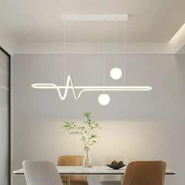 Imagem de Lustre LED minimalista moderno para restaurante, com linhas retas e onduladas, ideal para mesas de jantar irregulares. Lustre LED minimalista e alongado para escritório. Luminária de teto.