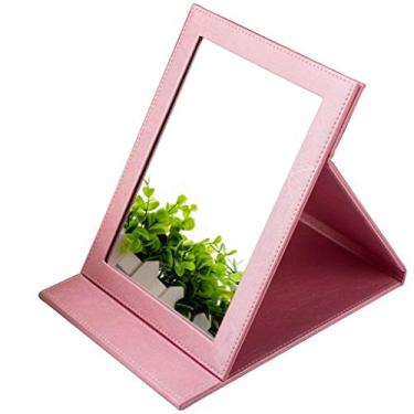 Imagem de Espelho de penteadeira espelho de maquiagem de mesa, espelho de mesa dobrável com capa acolchoada de couro PU com suporte de moldura de couro sintético - espelho de beleza retangular (cor: vermelho)