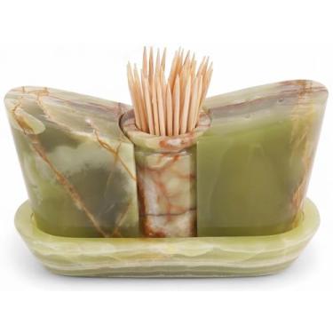 Imagem de Conjunto de saleiro e pimenteiro de mármore, conjunto de sal verde e pimenta de 6 cm com bandeja, recipiente de sal ideal e suporte de palito de dente, saleiro para cozinha, suporte de sal de mármore