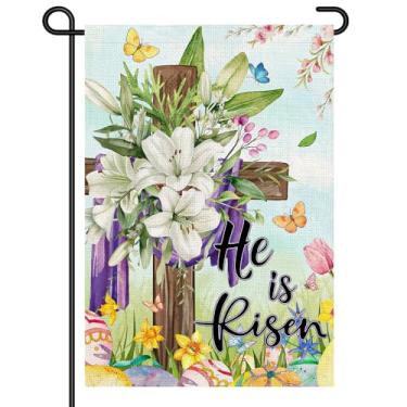 Imagem de Bandeira de jardim de Páscoa He Is Risen, 30,5 x 45,7 cm, sinal de quintal pequeno com cruz, flores de lírio branco e ovos de primavera, decorações cristãs ao ar livre para varanda e gramado DF1086